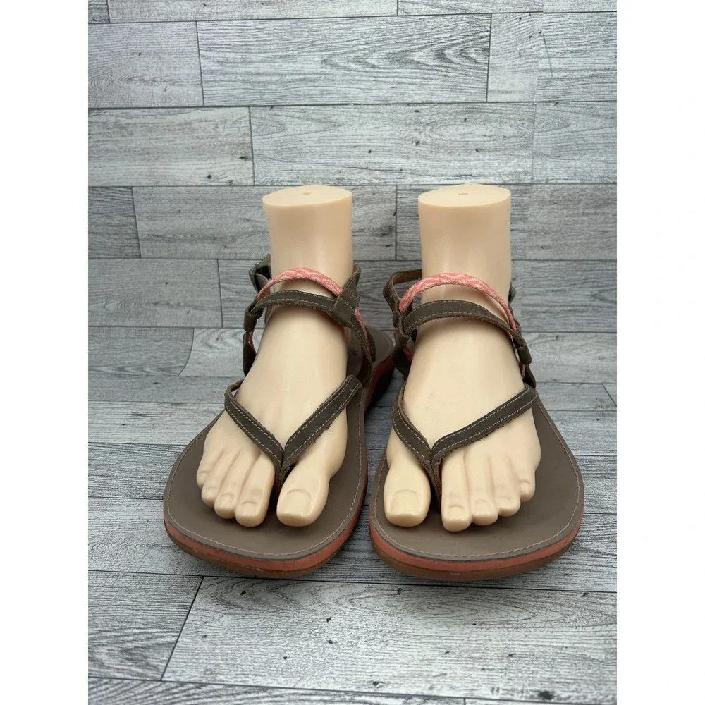 Chaco Women Leather Strappy Thong Sandals Brown Coral Size 10‎ LUVSEAT Footbed
